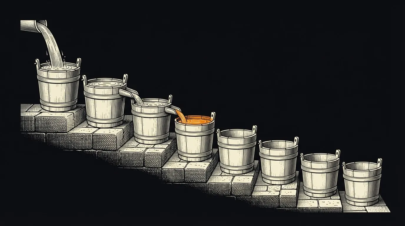Seven buckets on descending steps; water fills the first two, partly fills the third and leaves the rest empty.