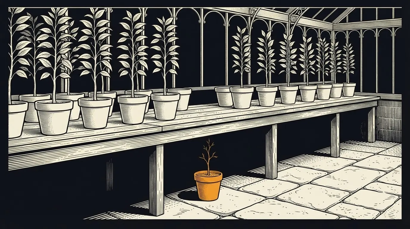 A greenhouse bench of tall saplings, with one small sapling's pot removed and set on the floor in shadow.