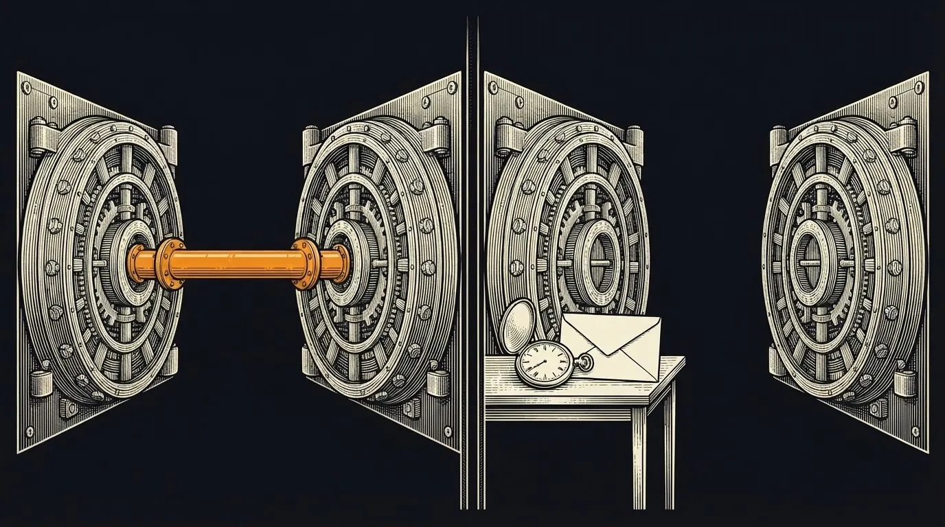 Two panels: two vault doors joined by a sealed pipe, and the same doors with an envelope and pocket watch on a table between them.