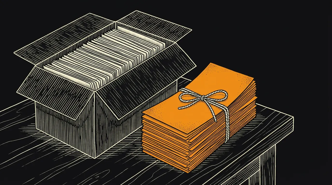 A shoebox full of blank receipts with a twine-tied bundle of receipts beside it.