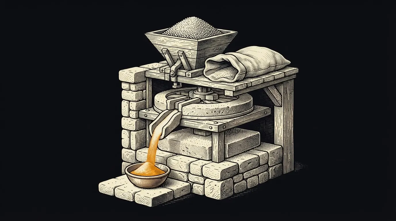 A gristmill with a full hopper of grain above and a spout releasing a slow, steady stream of flour below.