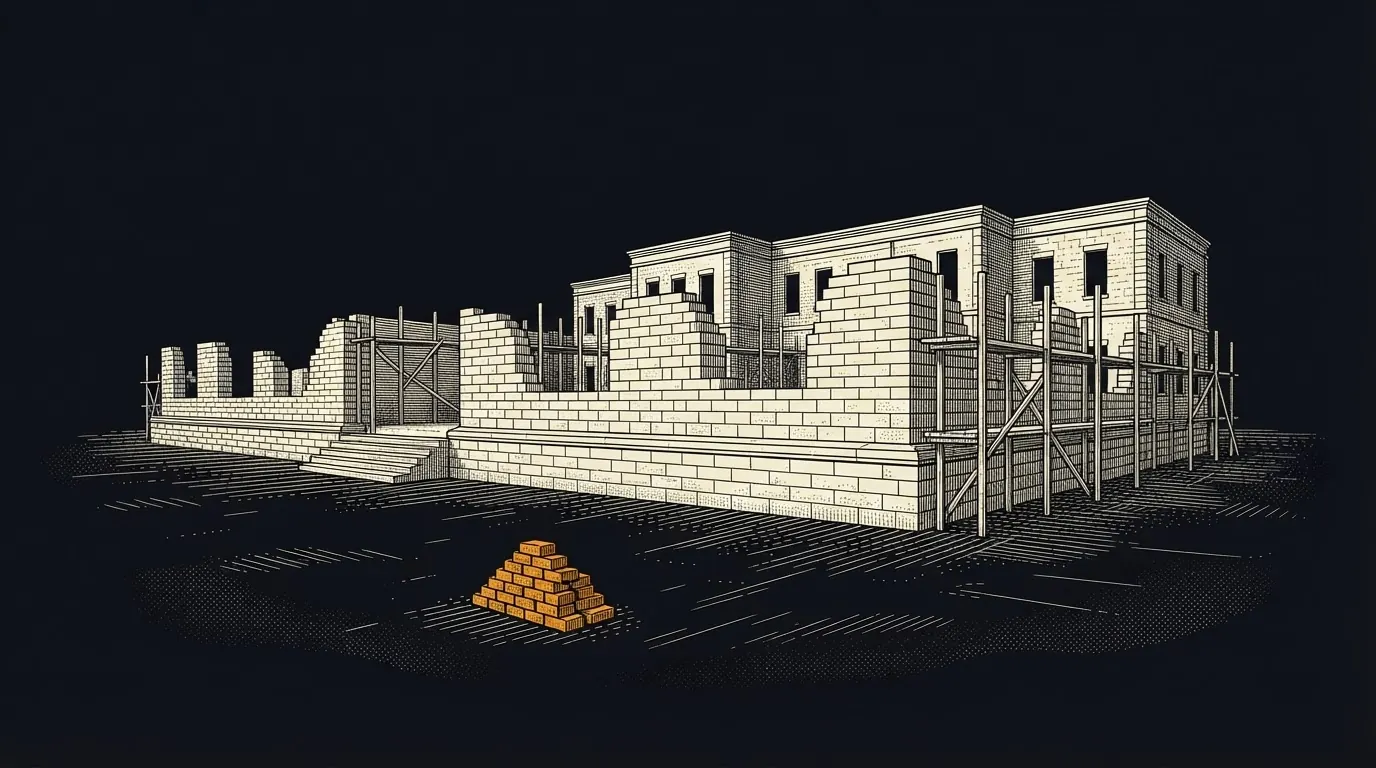 An oversized, half-built foundation with scaffolding beside a small pile of bricks.