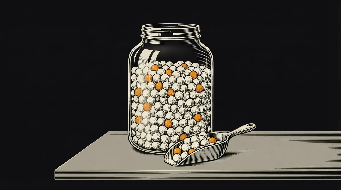 A glass jar of ivory marbles with a few orange ones mixed evenly through it, and a scoop in front holding the same mix.