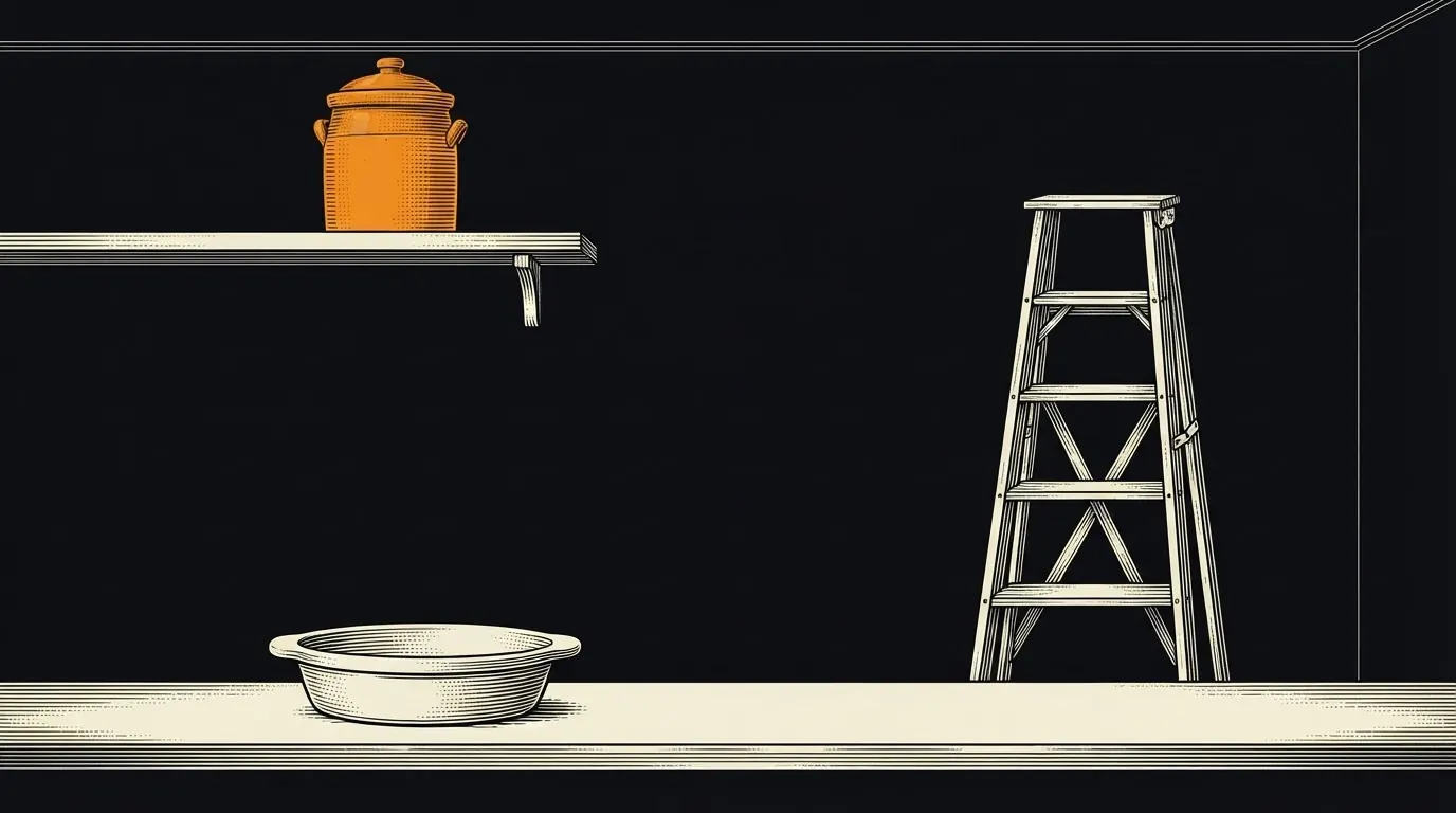 An open dish on a kitchen counter, a lidded crock on a high shelf, and a folded stepladder against the wall.