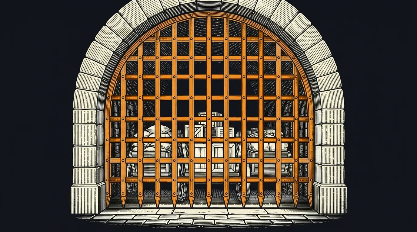 A stone gateway whose iron portcullis has dropped shut in front of a halted line of loaded handcarts.