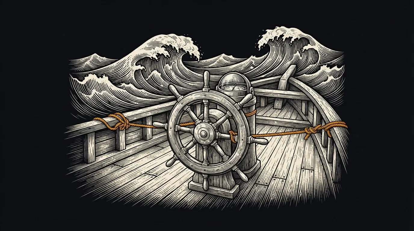 A ship's wheel lashed in place with rope on a storm-tossed deck.