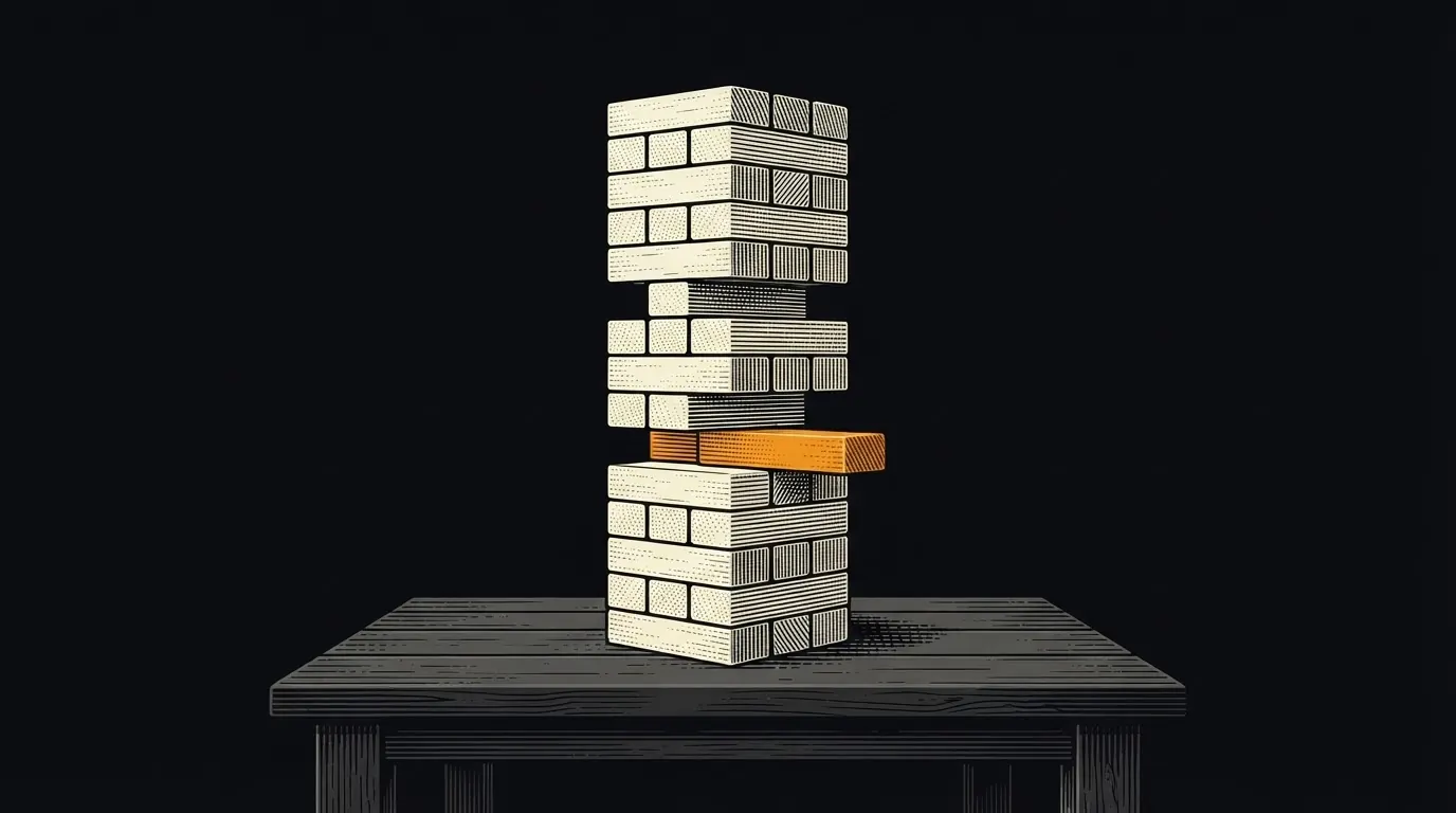 A stacked wooden block tower standing steady with one block slid halfway out.