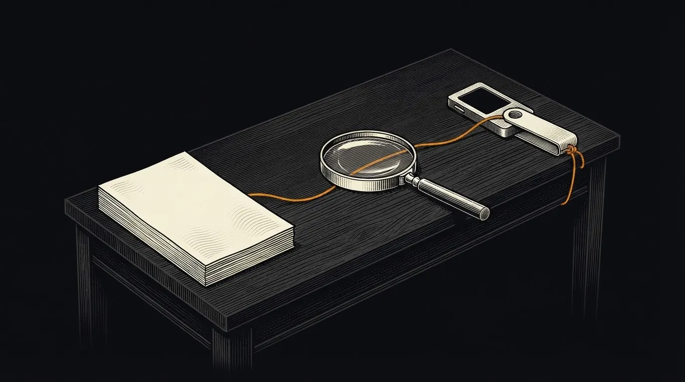 A thread running across a desk from a stack of blank papers, past a magnifying glass, to a hardware wallet.