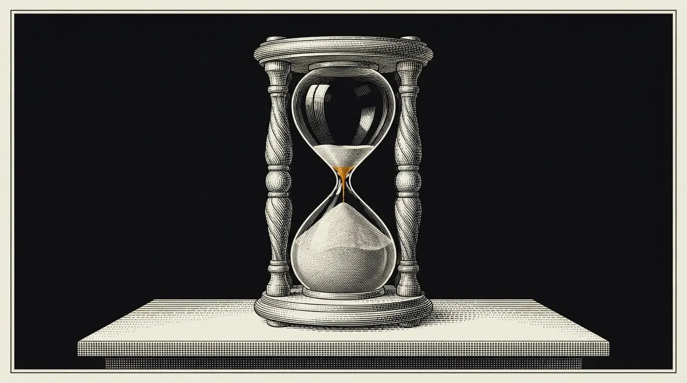 An hourglass with a large mound of sand below and a hair-thin stream falling through the neck.