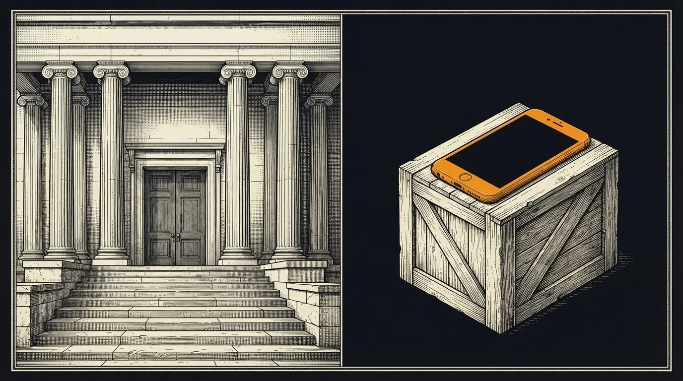 Two panels: a bank's shut doors at the top of long stone steps, and a basic smartphone lying on a wooden crate.