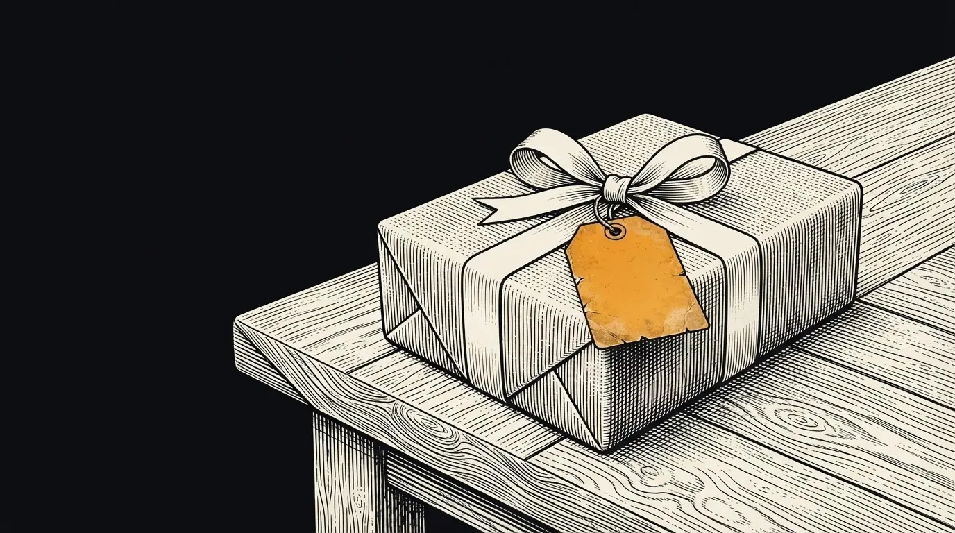 A wrapped gift box with an old, weathered blank tag tied to its ribbon.
