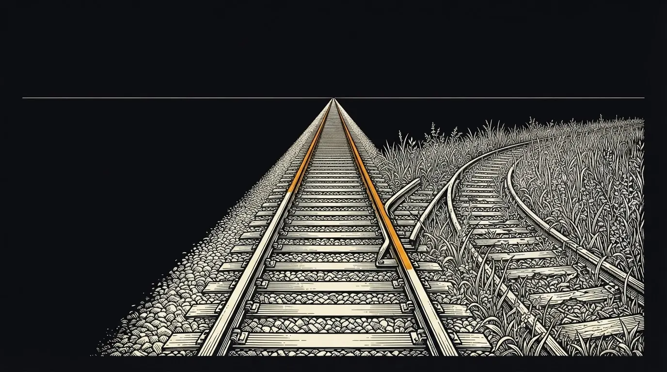 A railway switch where a well-kept main line runs on while a branch track curves away into weeds.