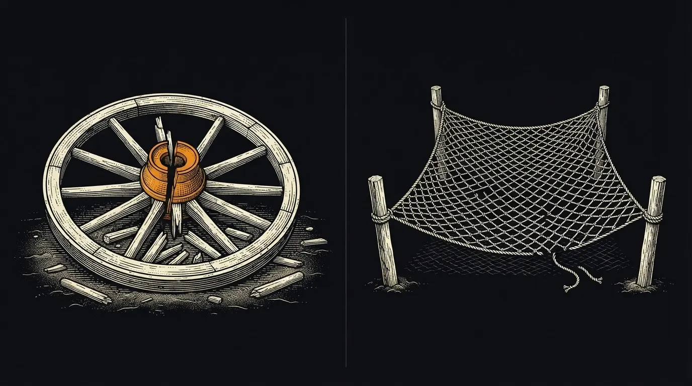 A broken cart wheel with a split hub and scattered spokes beside an intact knotted net with one cut strand.