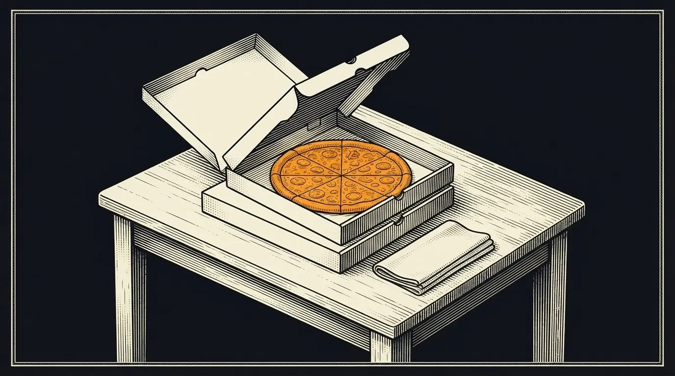 Two plain pizza boxes on a table, the top one open to show a whole sliced pizza.