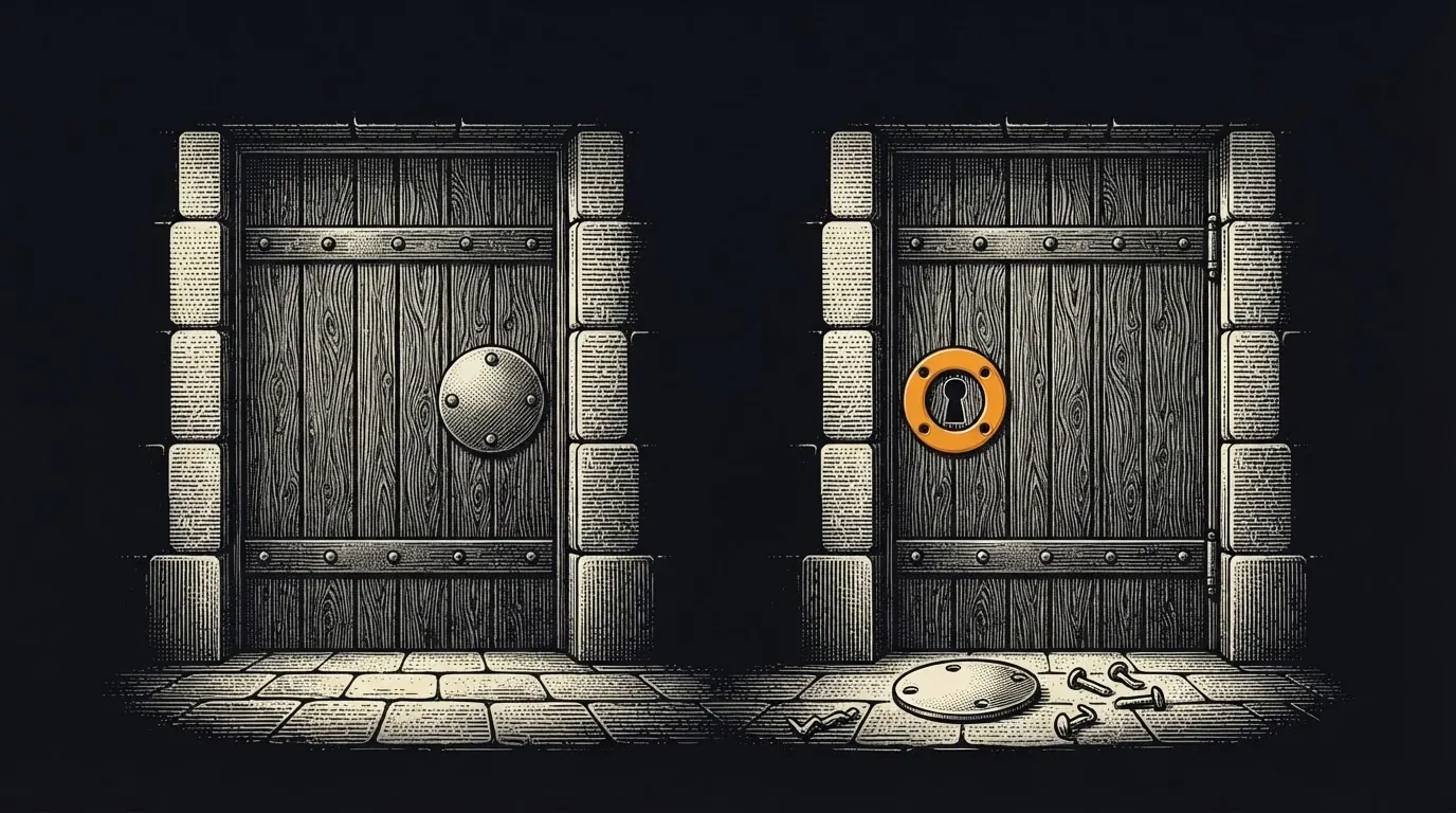 Two identical doors, one with its keyhole sealed under a riveted plate and one with the plate removed and the keyhole exposed.