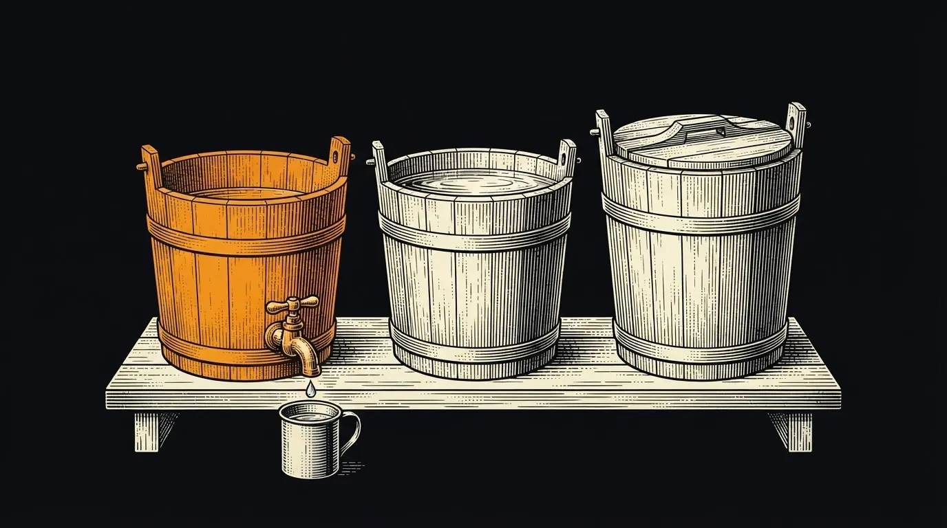 Three wooden buckets in a row; the left one has a spigot dripping into a cup and a lower water level than the others.