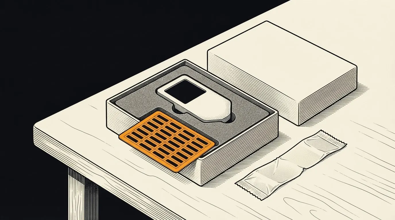 An opened hardware-wallet box with the device in foam and a recovery card already filled in with handwriting.
