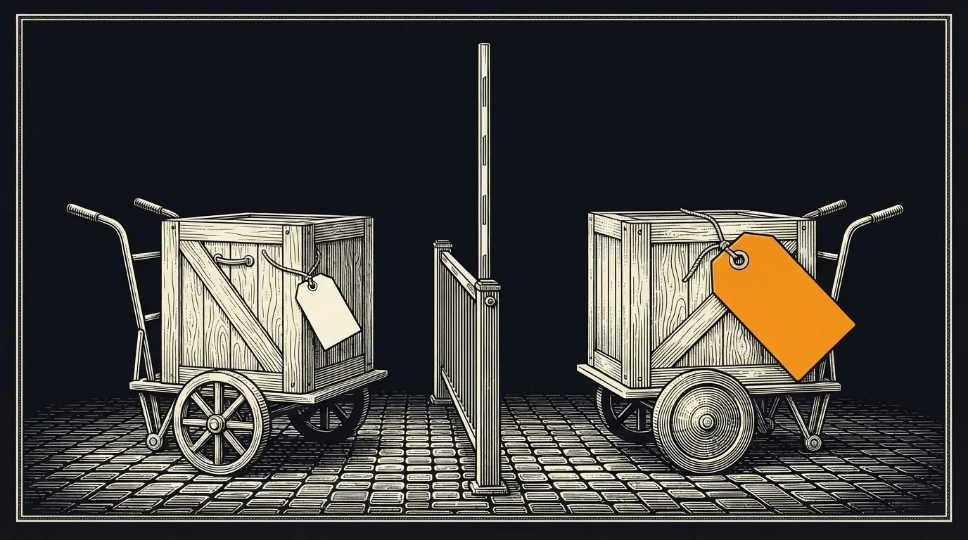 The same shipping crate before and after a customs gate, its tag much larger on the far side.