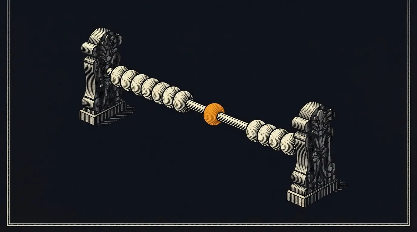 One abacus-style rod between two posts, beads gathered at each end and a single bead sliding across the middle.