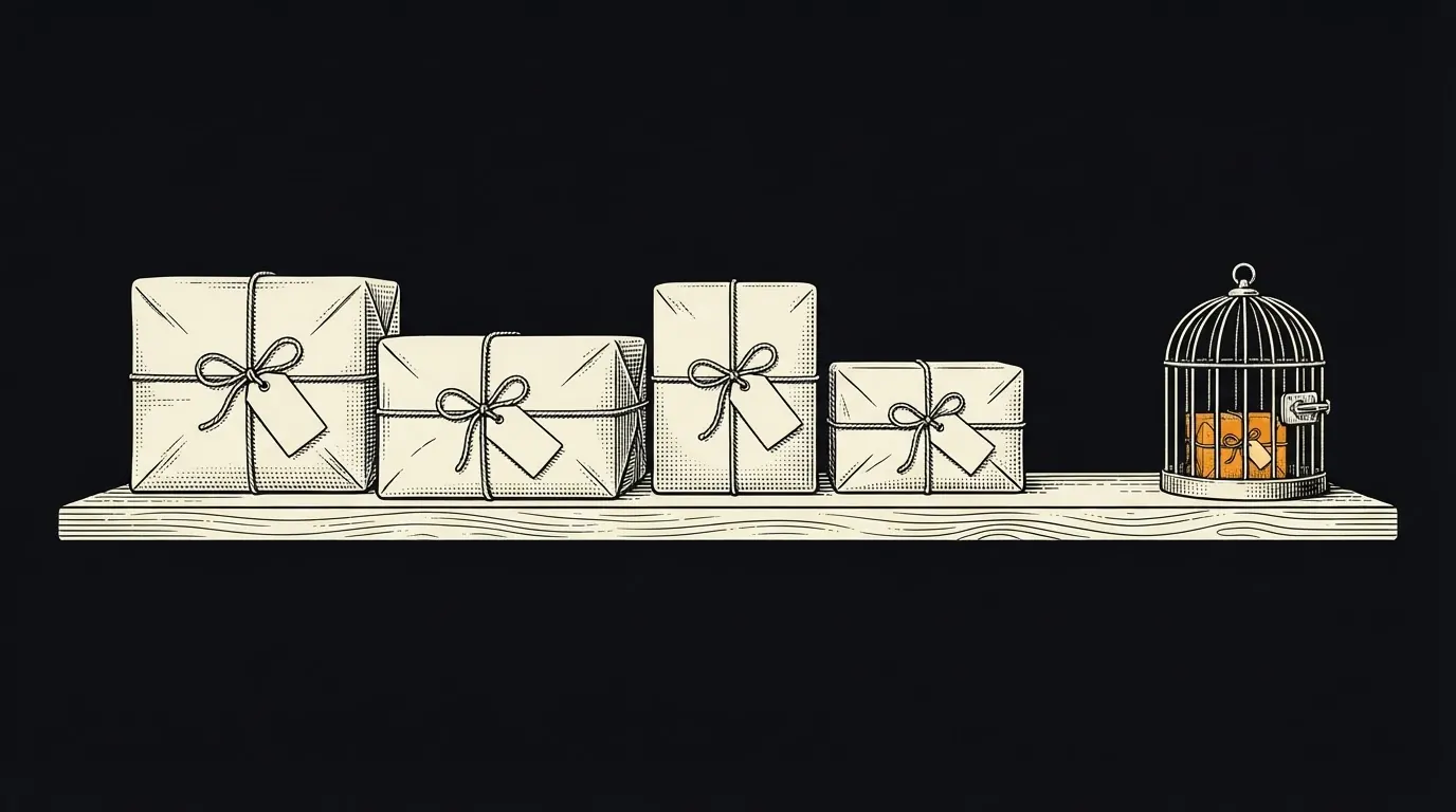 A shelf of tagged parcels of different sizes, with one tiny parcel shut inside a wire cage at the end.