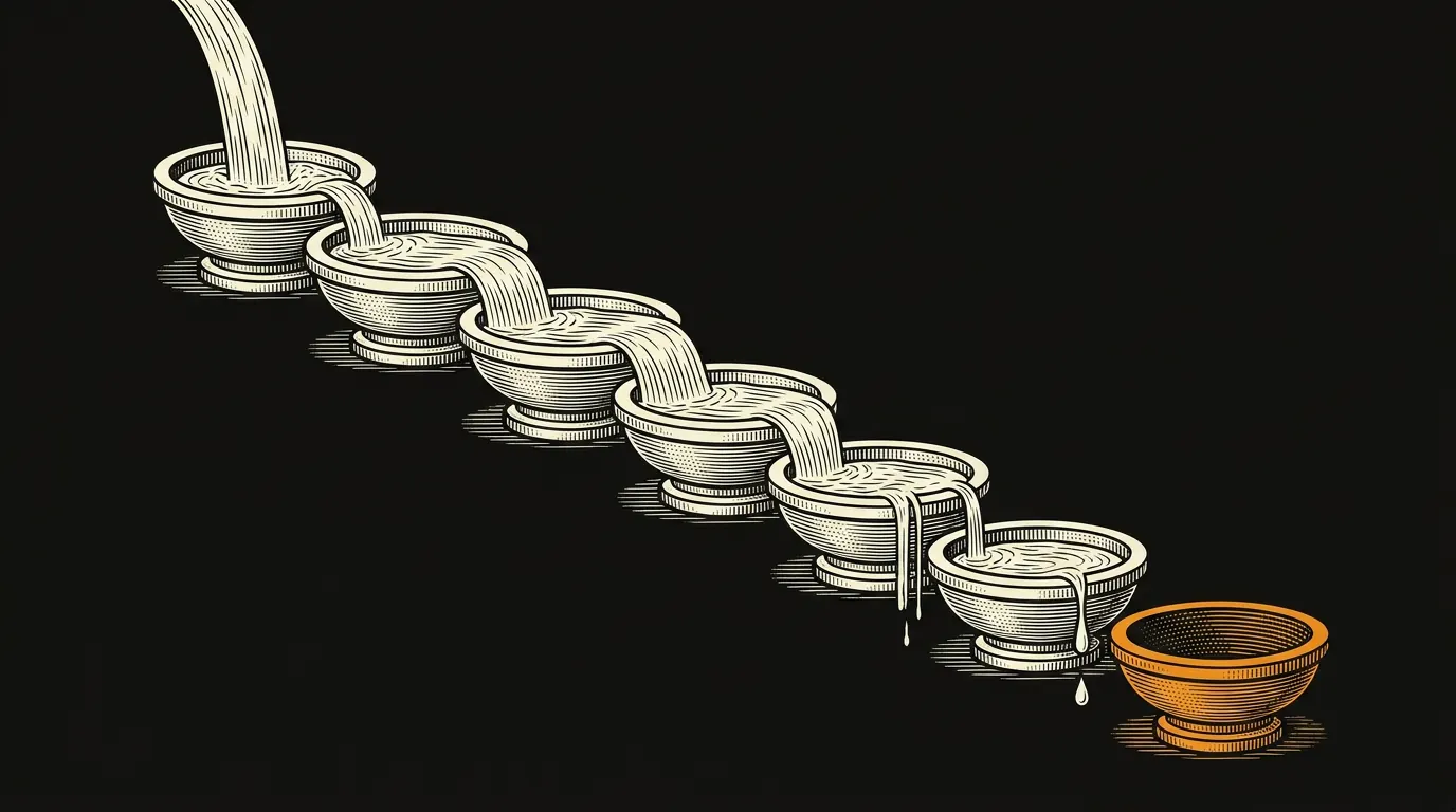 A cascade of seven stone basins: water fills the upper basins, thins to a drop, and never reaches the dry bottom basin.