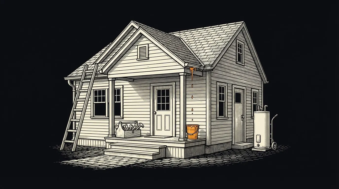 A house with a ladder at the gutter, an open toolbox, a water heater on a dolly and a bucket catching a roof leak.