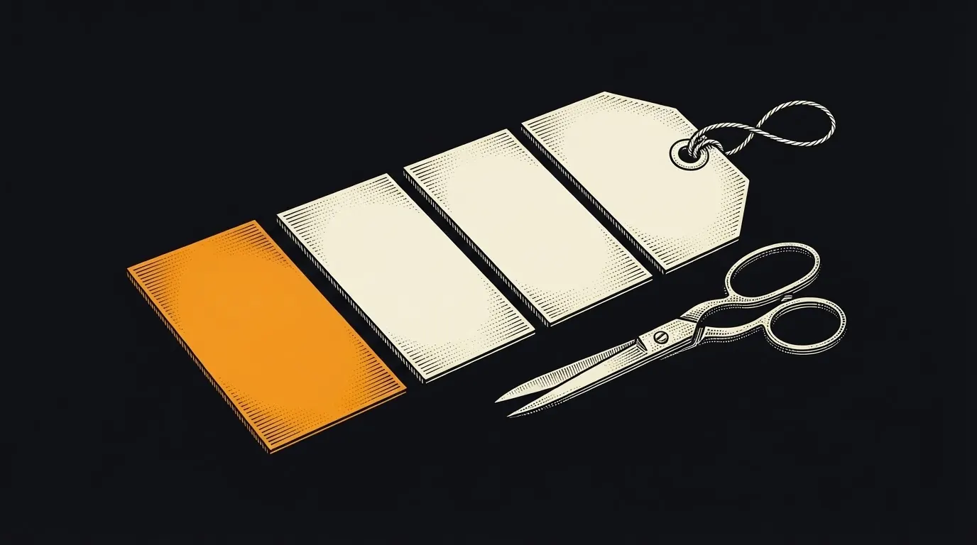 A blank price tag cut into four equal strips, the first strip pushed forward from the rest.