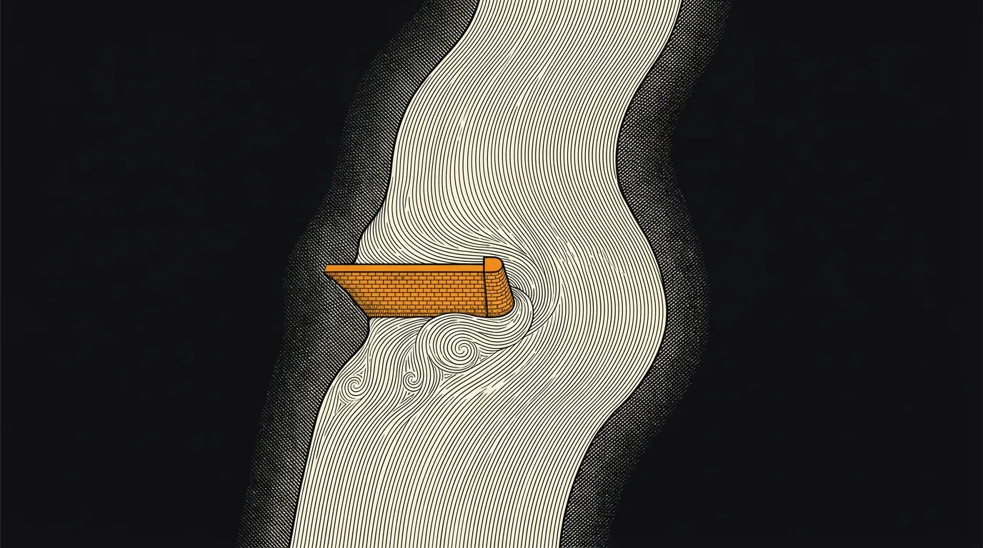 An aerial view of a braided river delta with one channel blocked by a dam and the water flowing around it through the other channels.