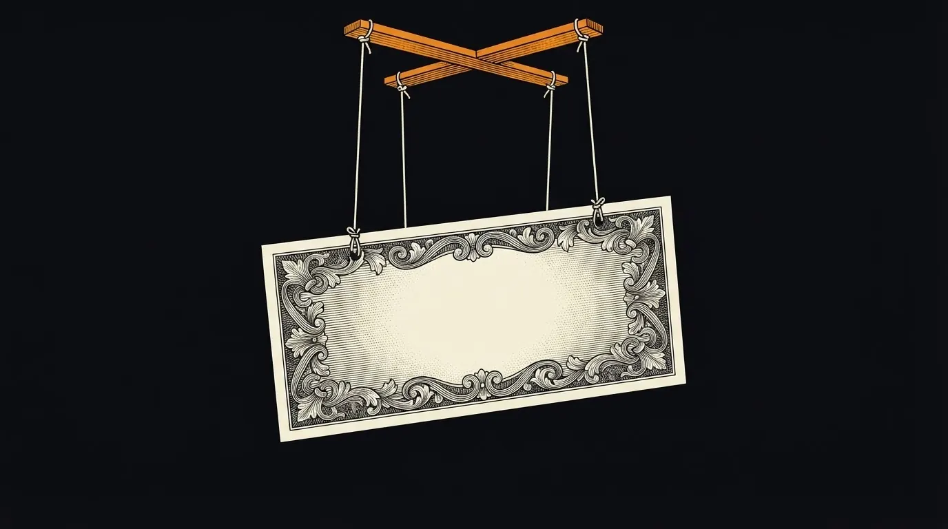 A blank banknote hanging from marionette strings tied to a wooden control bar.