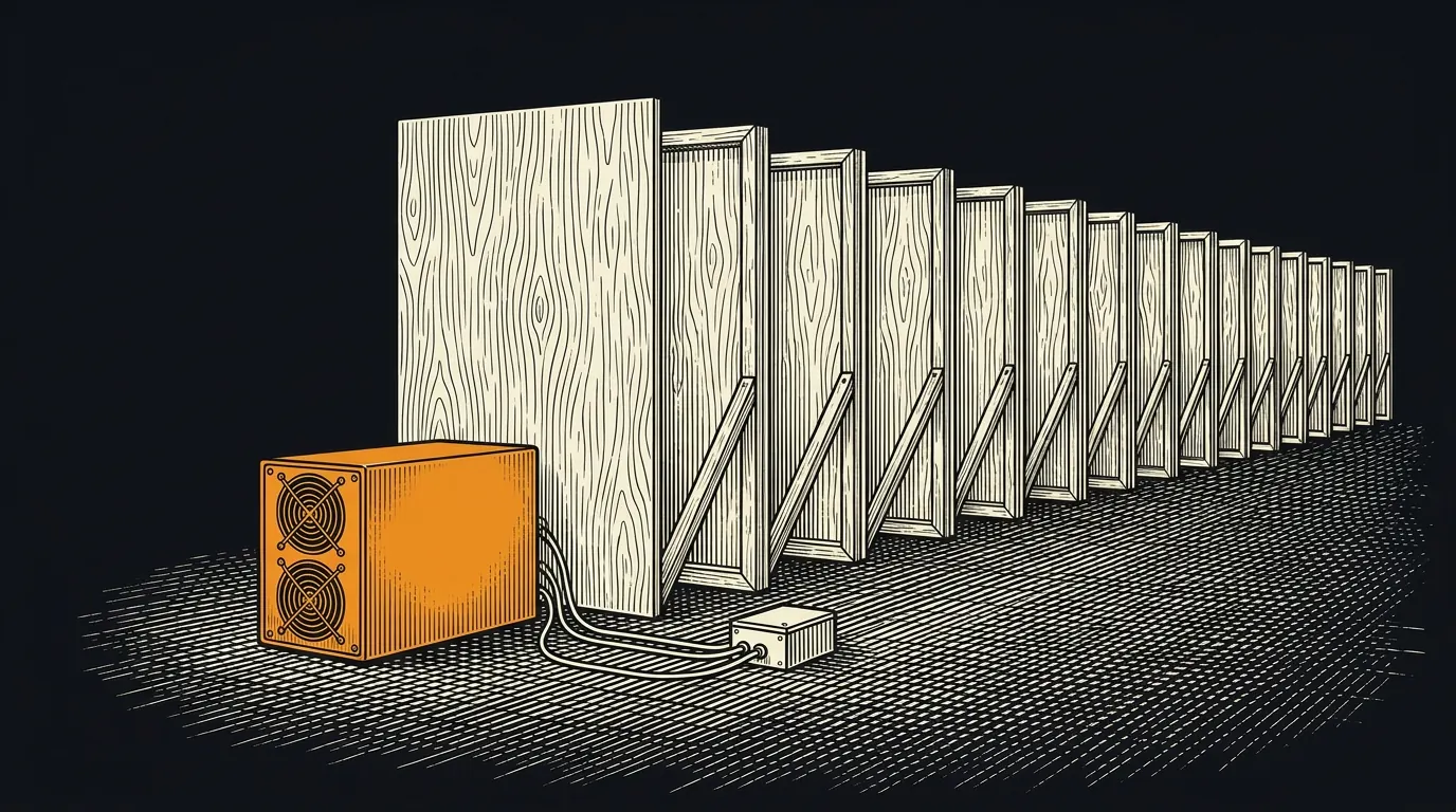 A warehouse row of flat painted cutouts of mining racks propped on braces, with a single real machine at the near end.