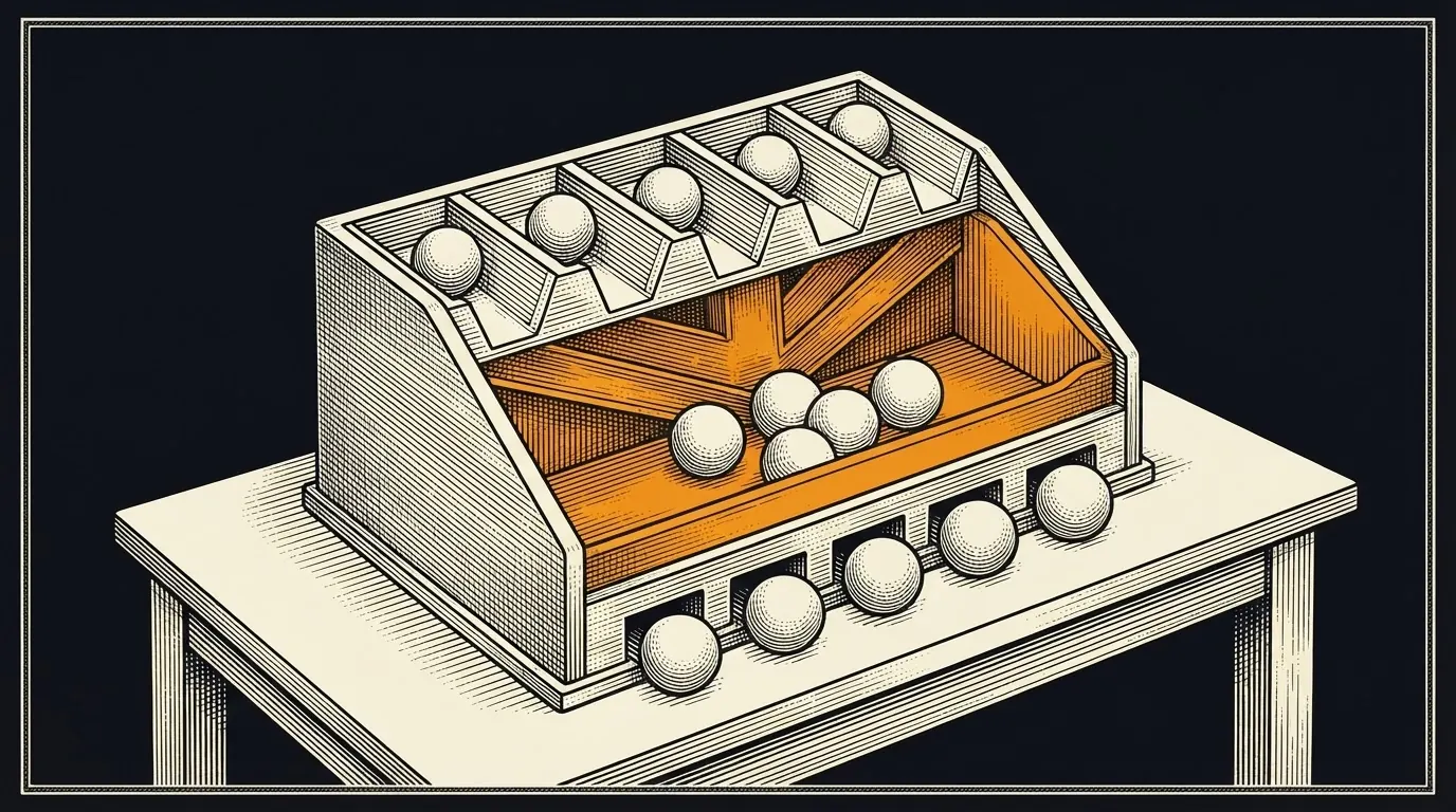 Five identical wooden balls drop into one enclosed cabinet from separate chutes and roll out the bottom as five identical balls in a row.