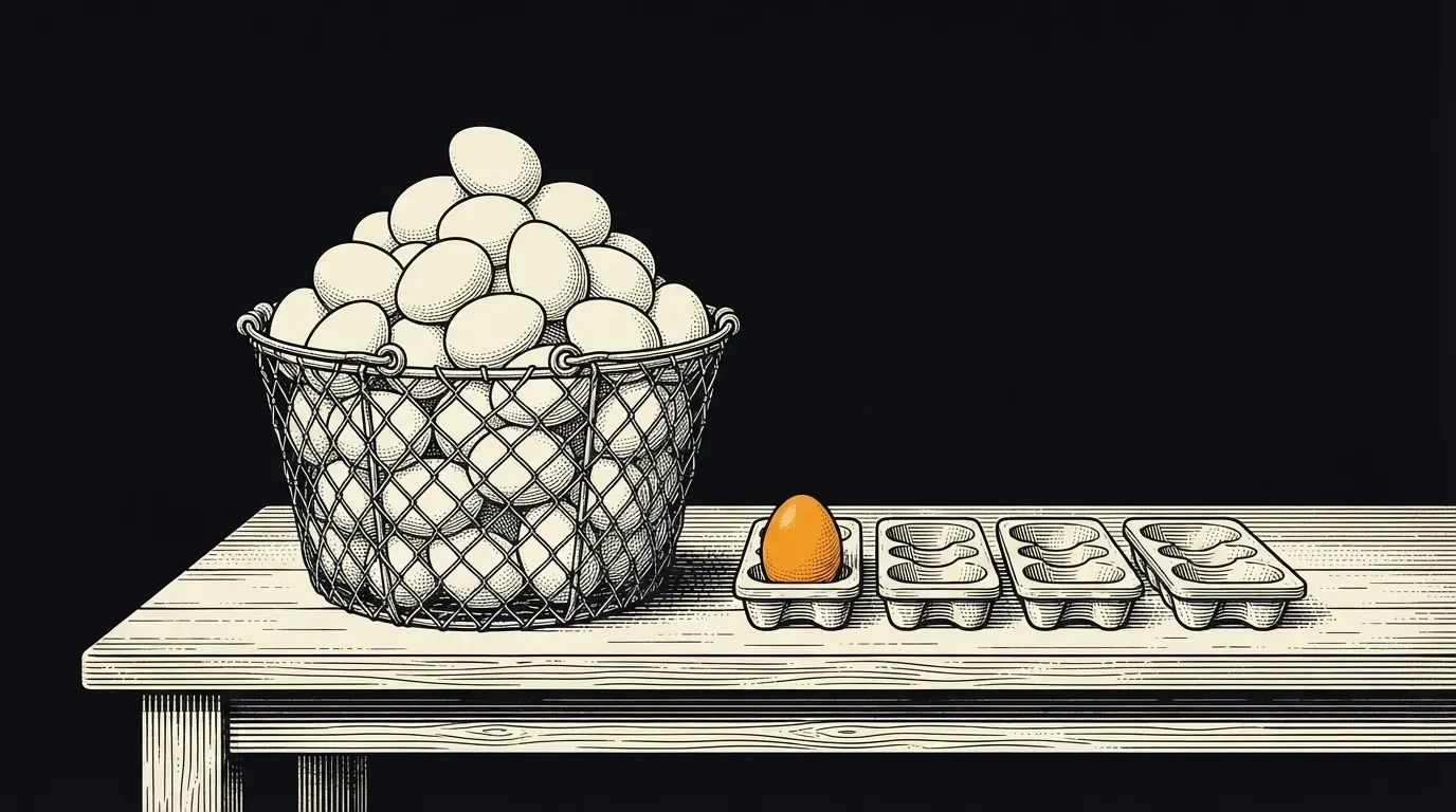 An overfilled wire basket of eggs next to a row of empty trays, with one egg already moved into the first tray.
