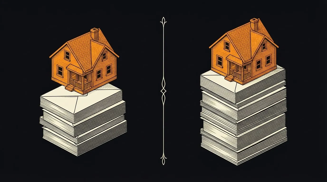 The same small house shown twice, resting on a short stack of pay envelopes on the left and a stack nearly twice as tall on the right.