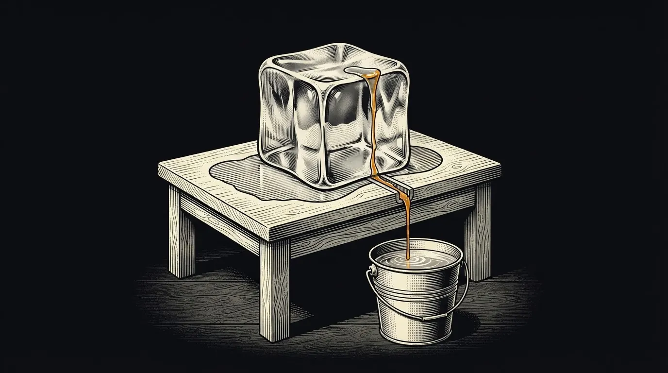 A shrinking block of ice on a stand drips meltwater through a spout into a nearly full cup.