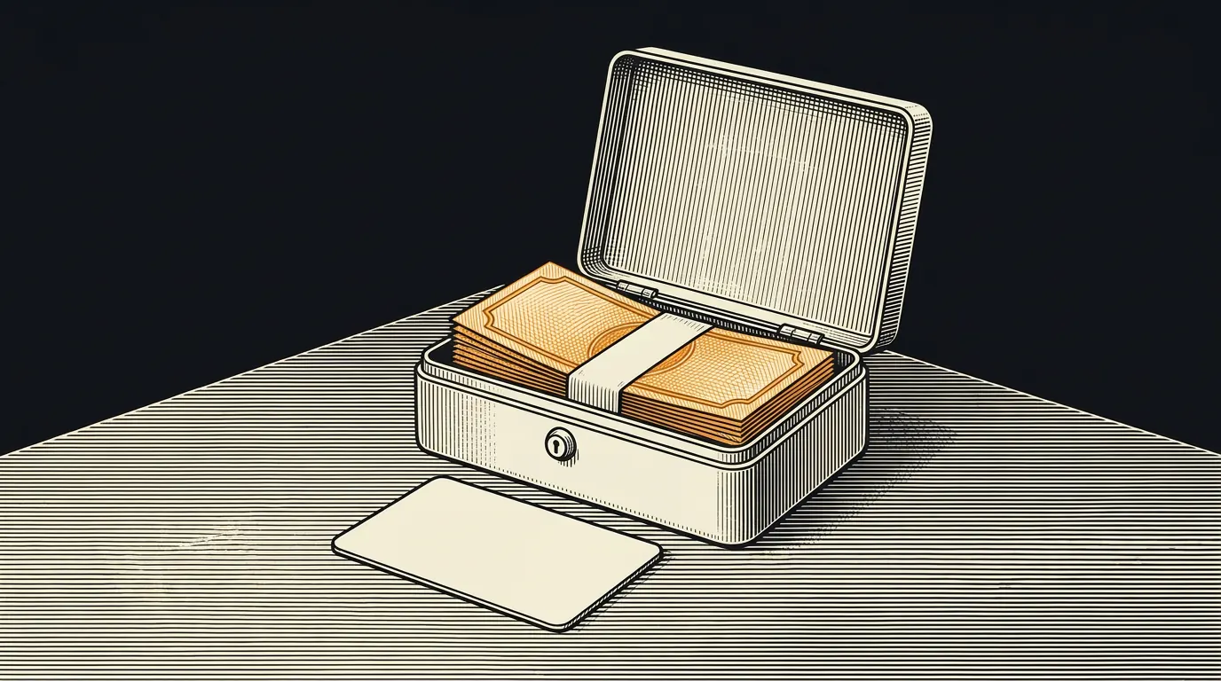A blank payment card resting like a lid on a small box that holds a folded cash deposit.