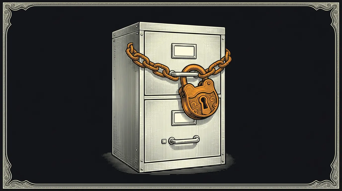 Engraving-style illustration of a metal filing cabinet whose drawer is chained and padlocked.