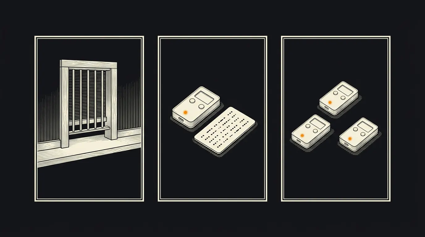 Three framed illustrations: a barred exchange window, one hardware wallet with a steel seed backup, and three hardware wallets set out for multisig.