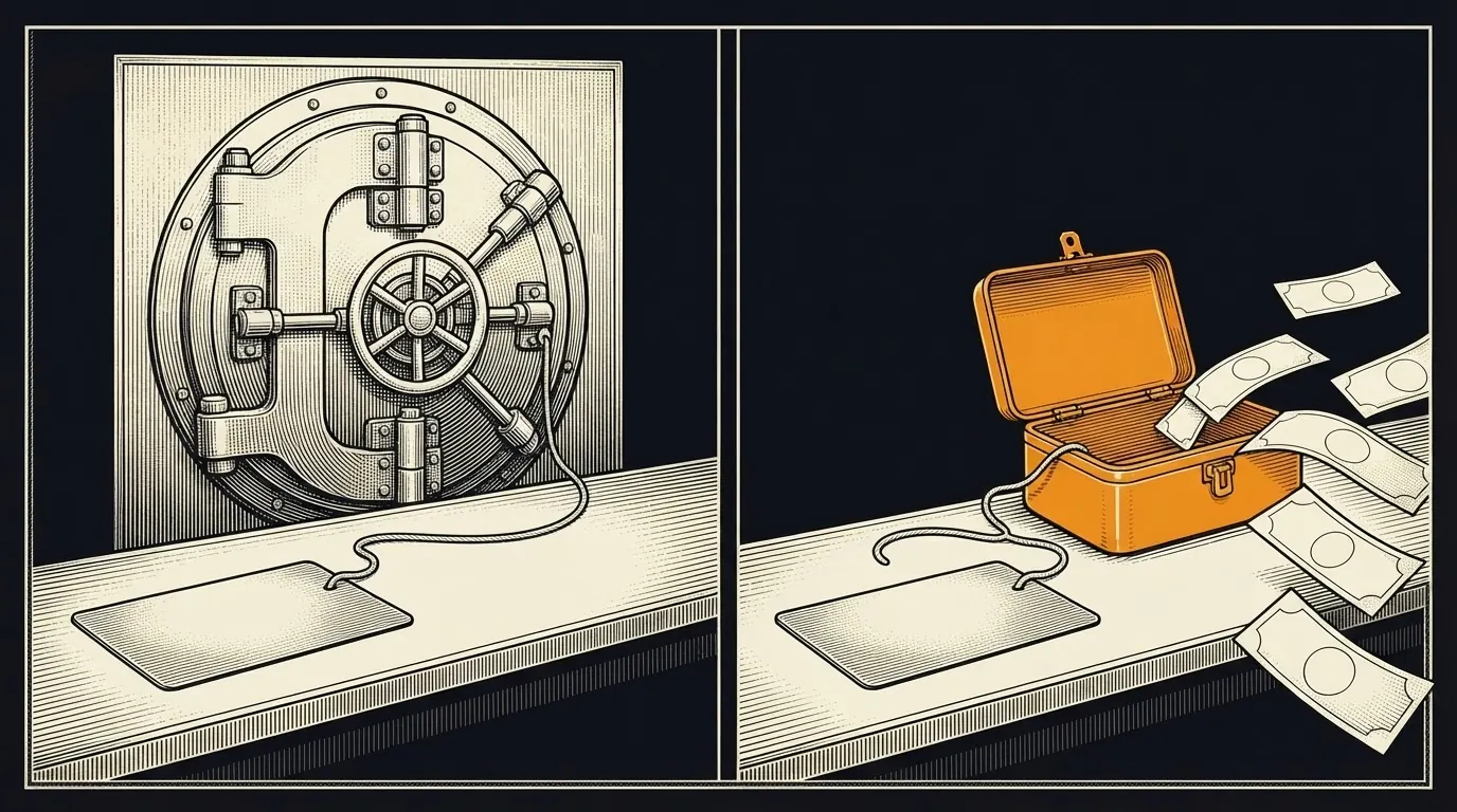 Two identical cards: one tied to a closed bank vault, the other tied to an open, emptied household cash tin.