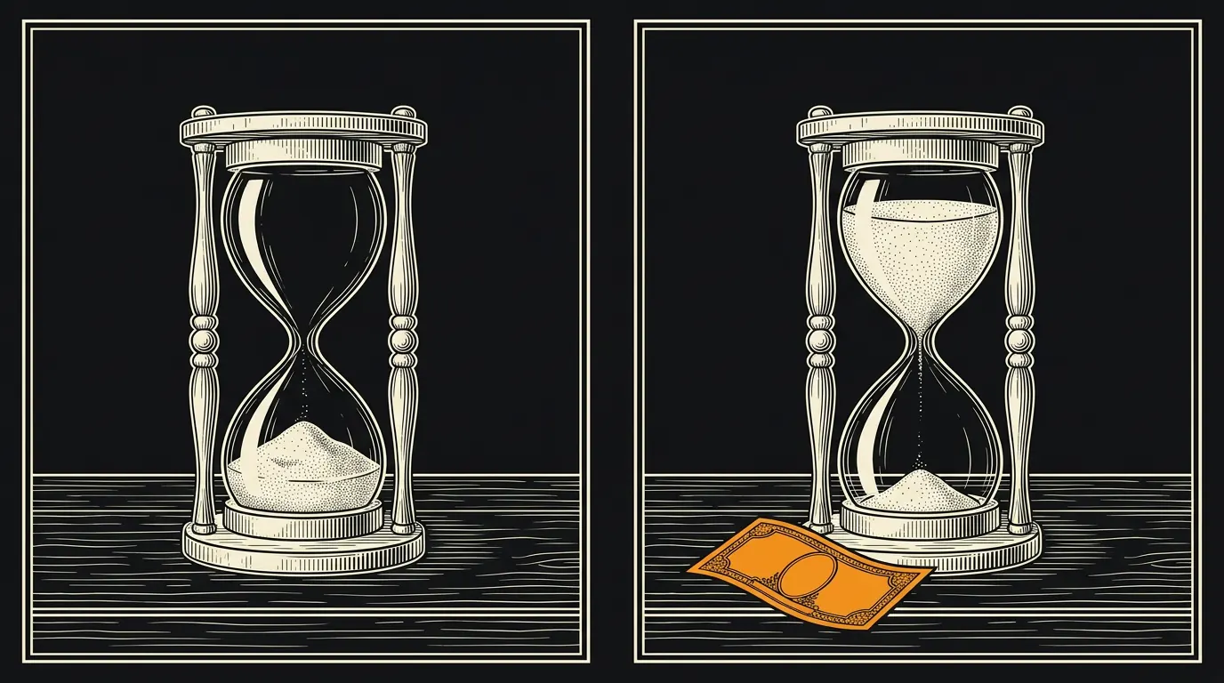 An hourglass that has run out, and the same hourglass flipped and running again beside a small folded banknote.