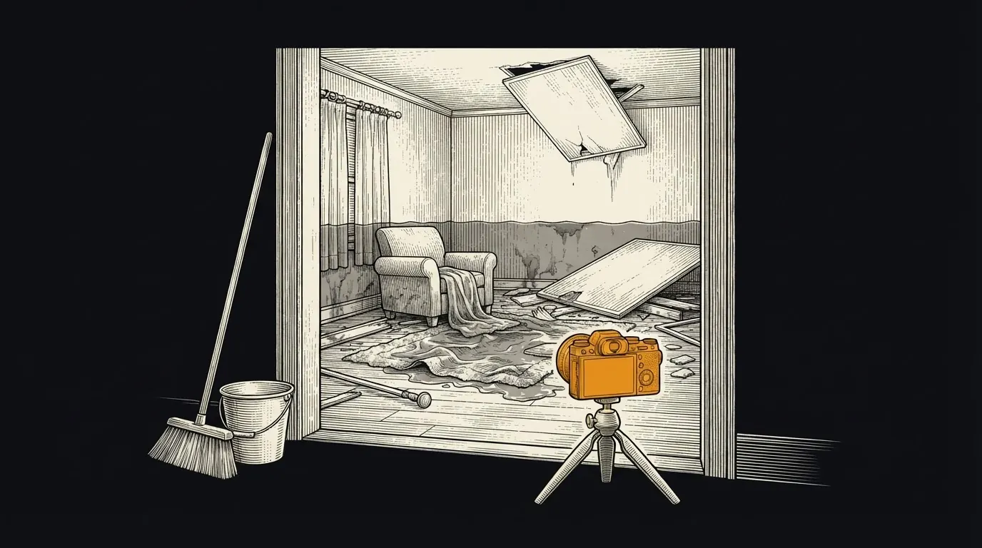A camera on a tripod records a flood-damaged living room while a broom and bucket wait unused by the door.