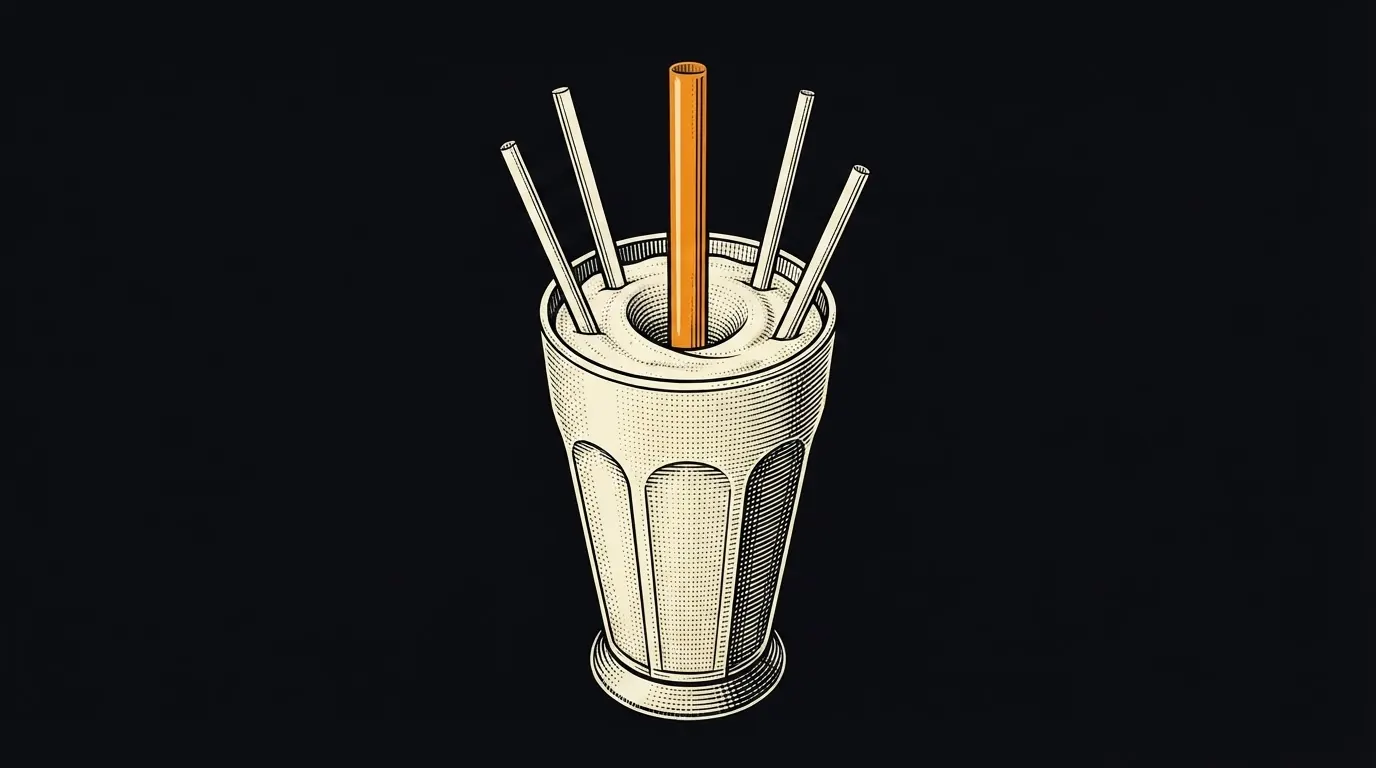 A milkshake glass with five straws, one far wider than the others and drawing the shake down around it.