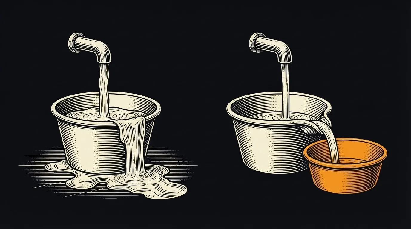 Two identical basins overflowing: on the left the excess spills onto the floor, on the right it runs into a second vessel.