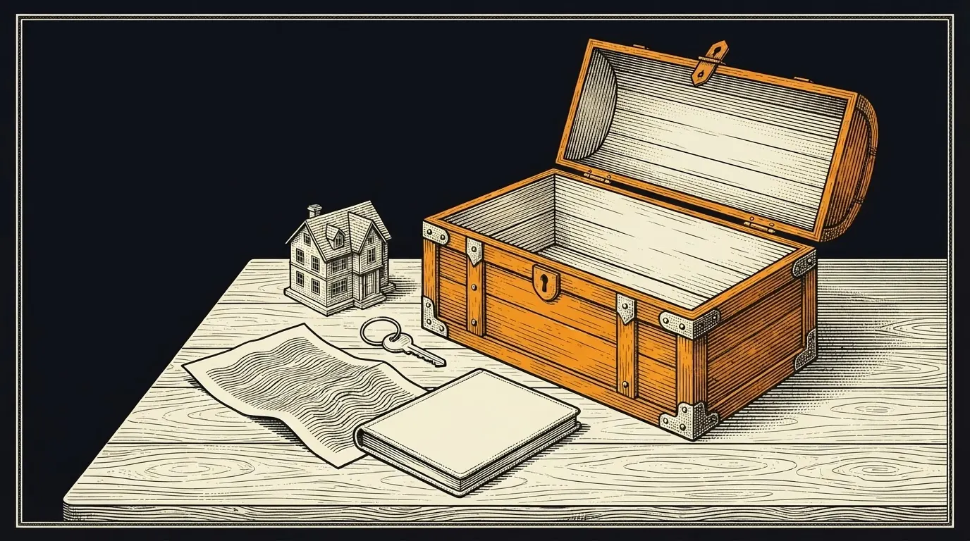 An empty open chest on a desk, with a model house, a key, a folded deed and a ledger lying outside it.