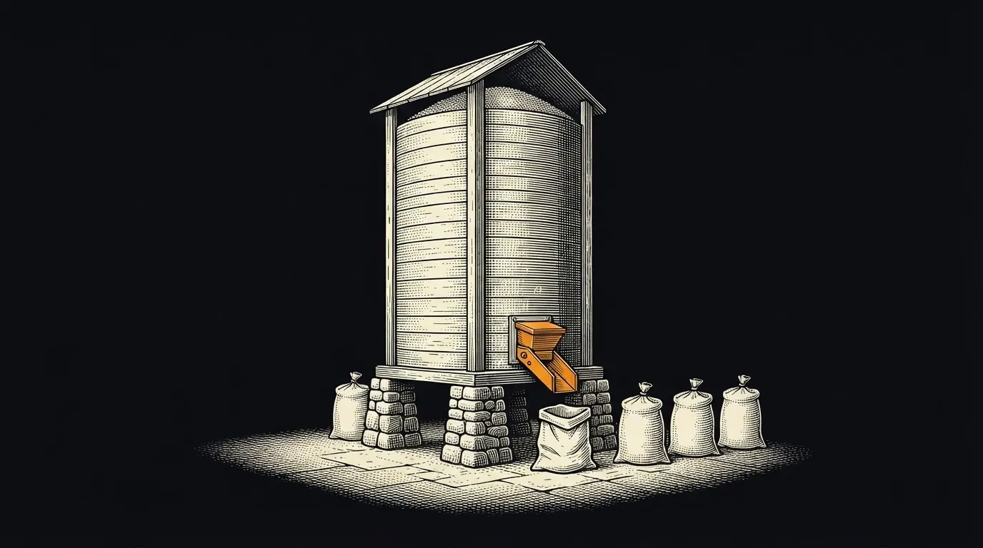 A mostly full grain silo filling identical sacks one at a time through a small chute, with a row of filled sacks beside it.