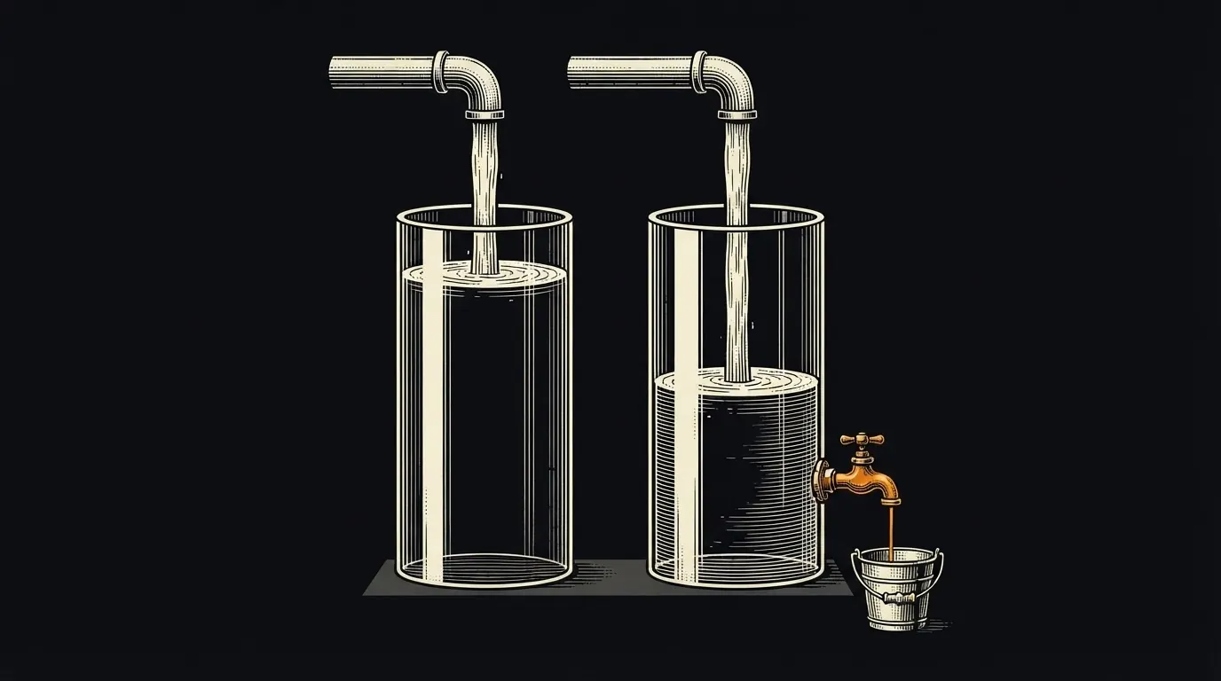Two identical glass cylinders filling from the same pipes, the right one leaking a thin stream from a spigot and holding less water.