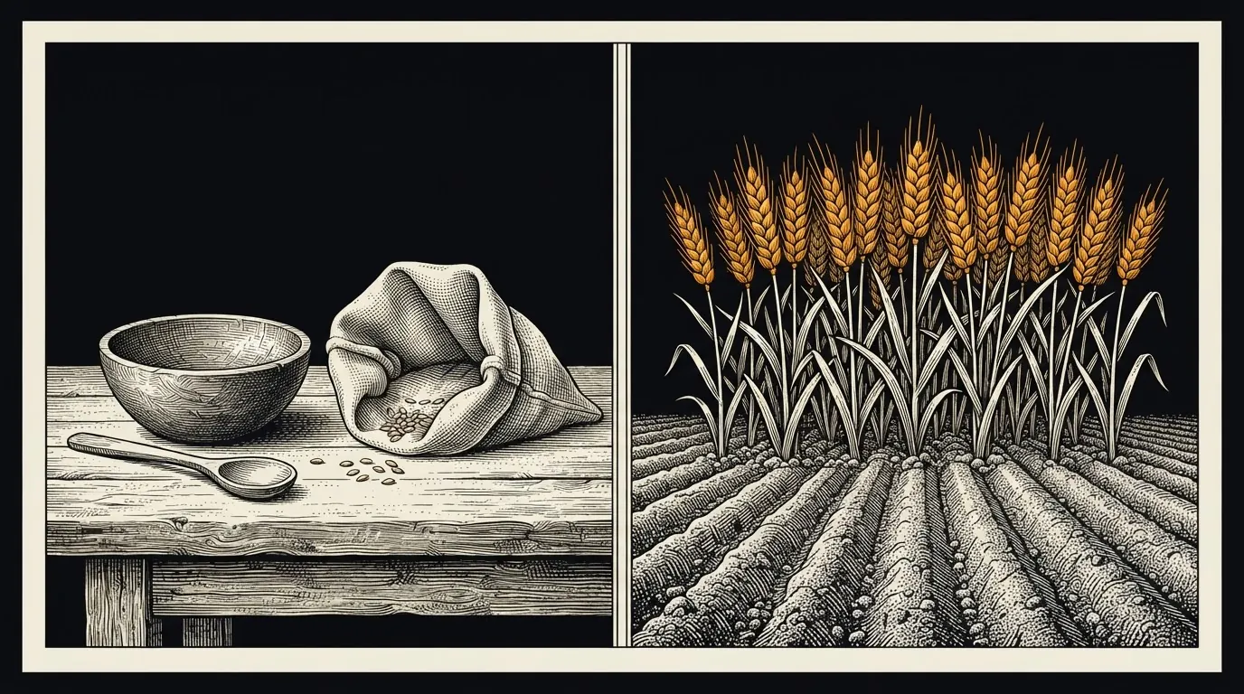 Two panels: an empty bowl beside a nearly empty grain sack, and a furrow of tall wheat grown from planted seed.