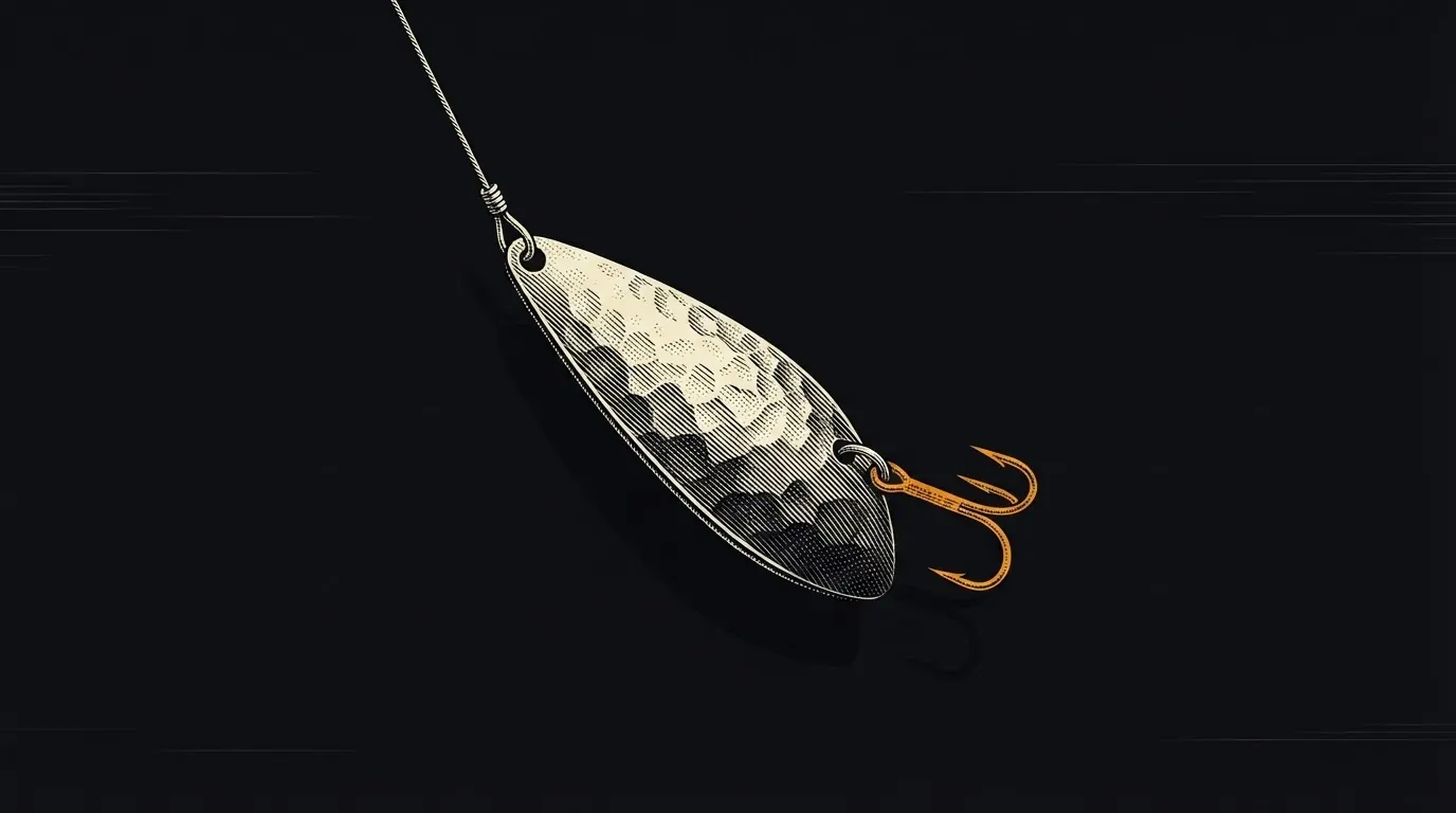 A shiny fishing lure dangling on a line with a sharp hook half-hidden behind it.