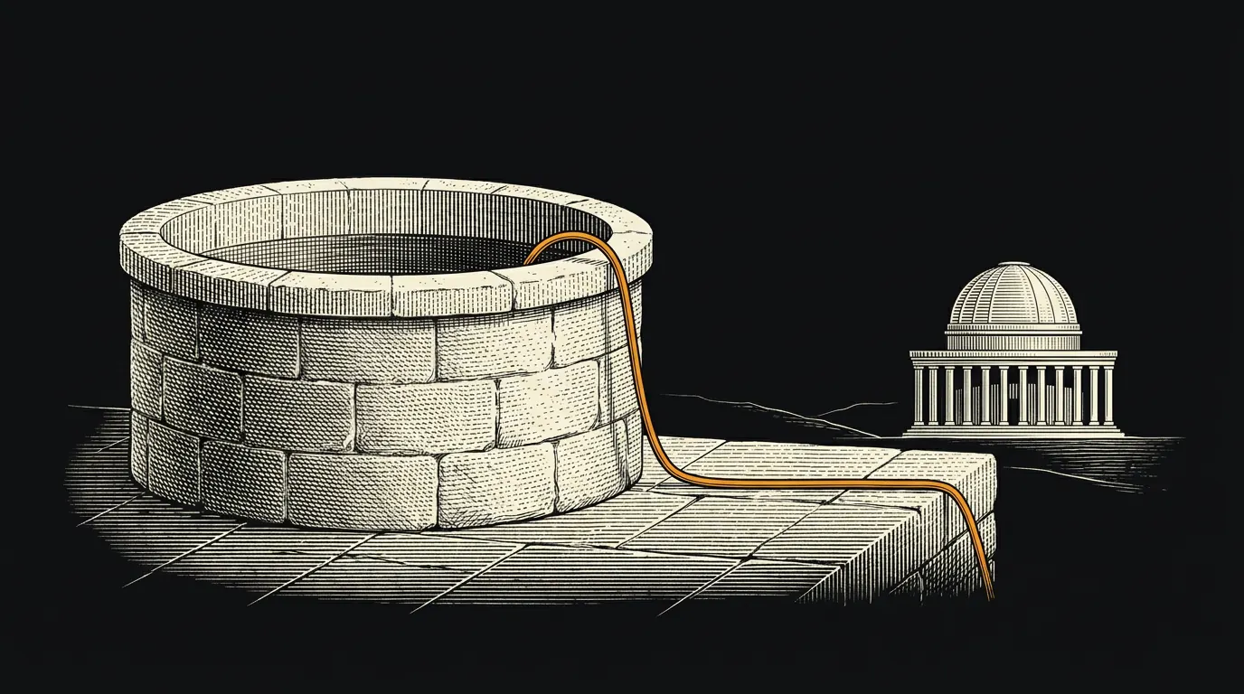 A thin tube siphons water from a household cistern over a wall toward a distant domed building.