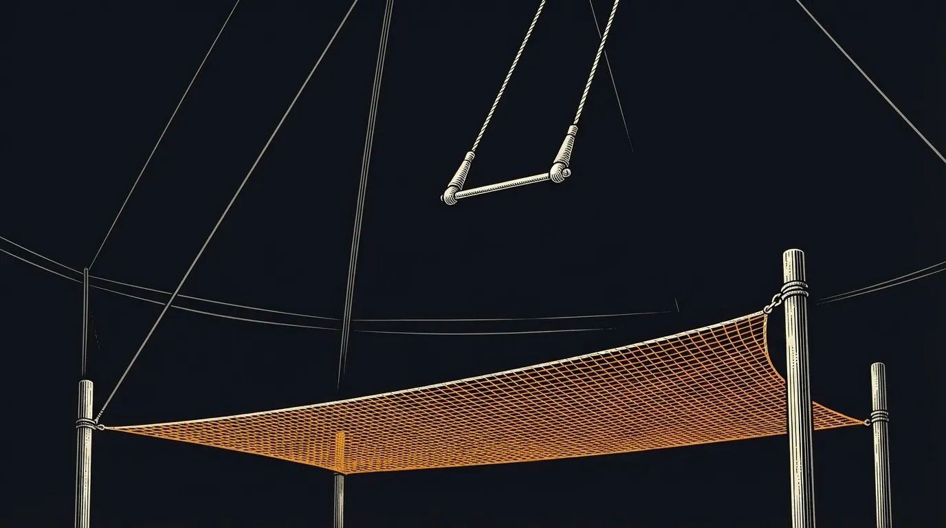 An empty trapeze swinging high in a circus tent above a taut safety net.