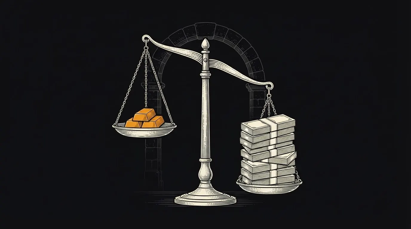 A balance scale in a vault, a tall pile of paper banknote bundles outweighing a small stack of gold bars.